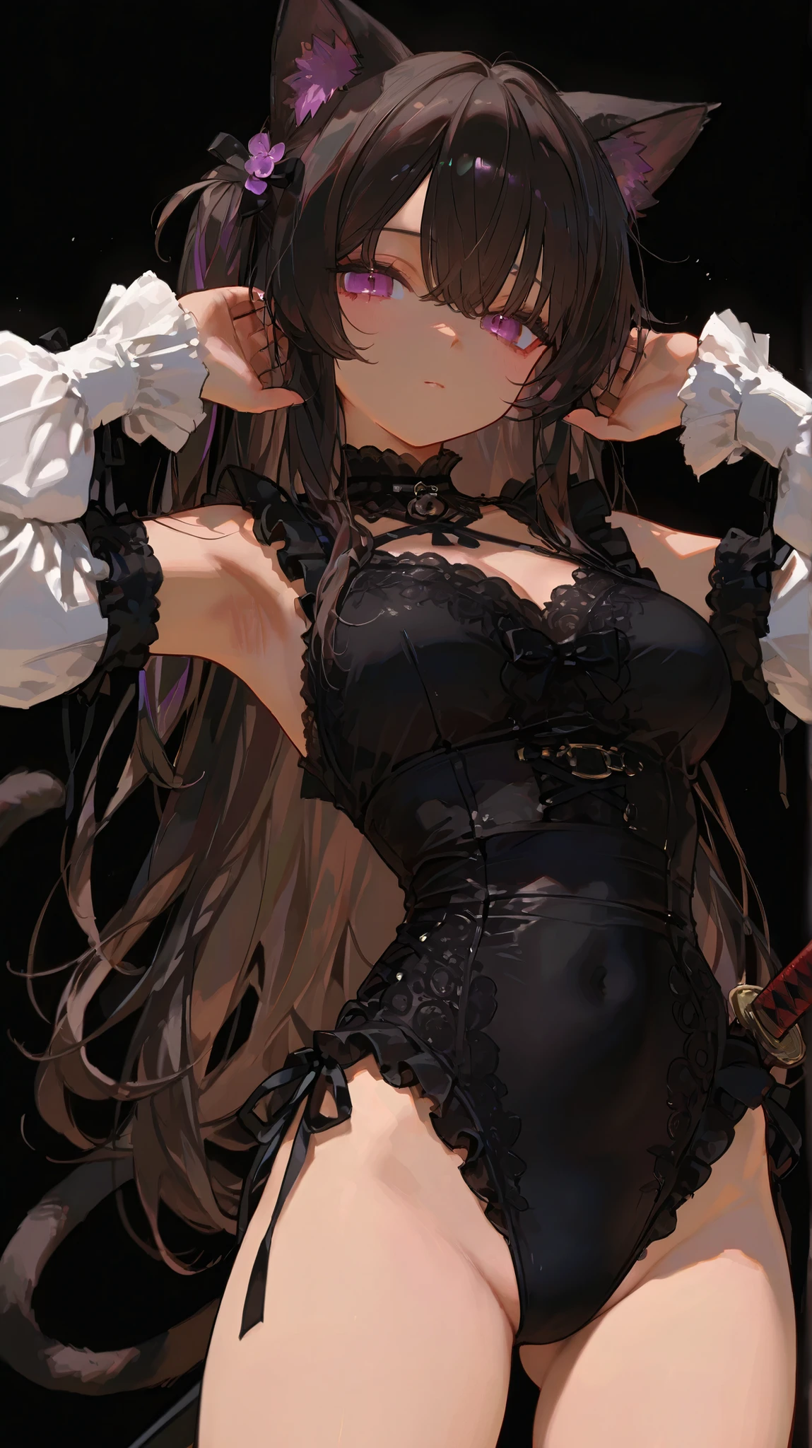 masterpiece, Highest quality, High resolution, mi1, Tail ornament, Tail Bow, gloves, Cat's Tail, Jingle bell, red gloves, Tail Bell, choker, Removable sleeves, Magical girl, Pink Dress, Strapless, Cowboy Shot, Outdoor, Are standing