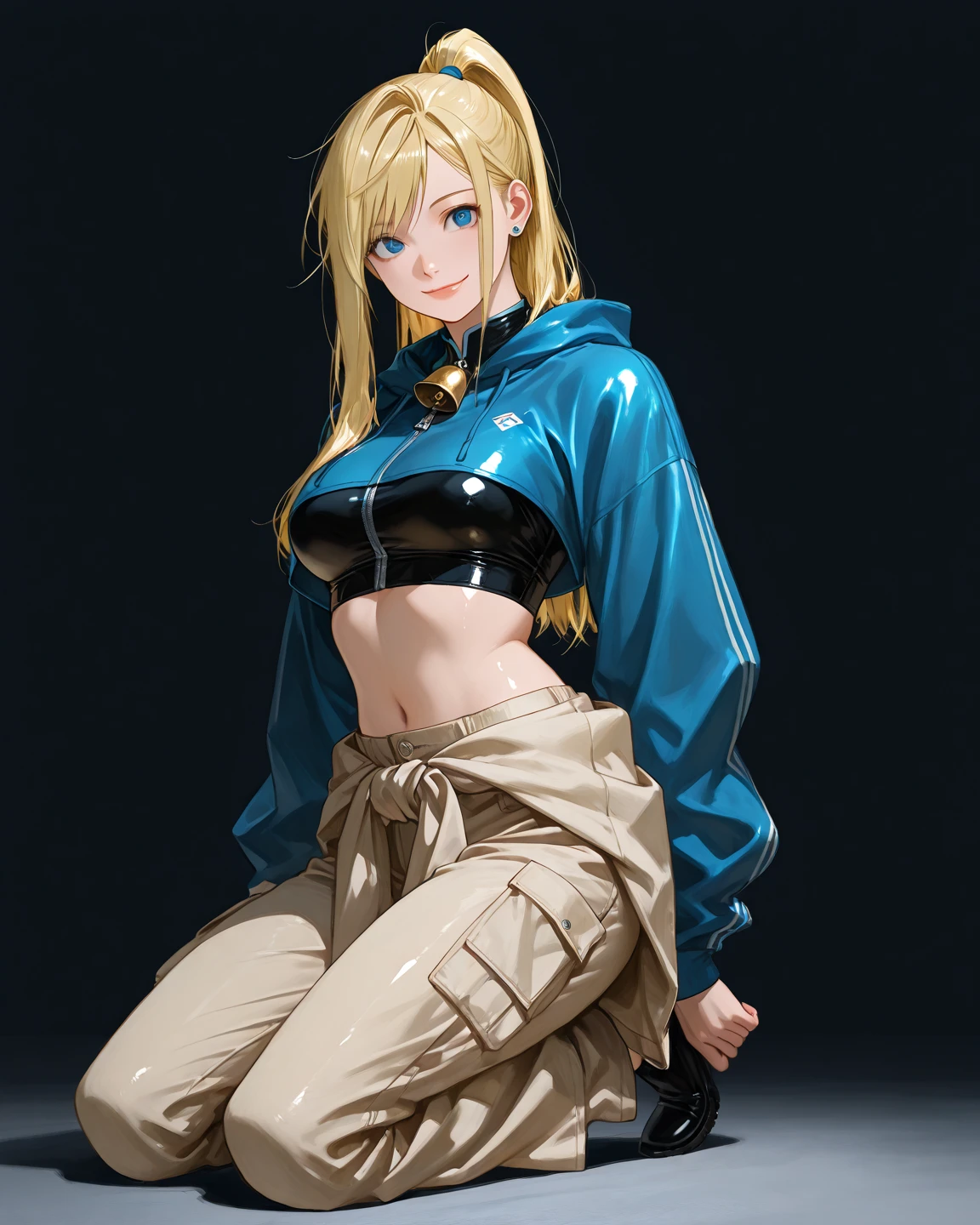 an attractive female in all white and a hockey cap with a skateboard in one hand, 1girl, solo, blue eyes, braid, hat, bodysuit, covered navel, blonde hair, long hair, jacket, black bodysuit, breasts, baseball cap, black headwear, skin tight, white jacket, looking at viewer, v, twin braids, open clothes