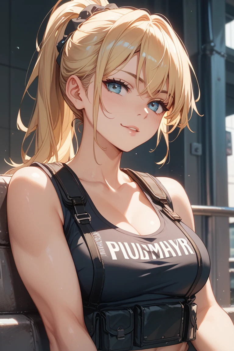 top-quality、Top image quality、​masterpiece、girl with((18year old、Best Bust、big bast,Beautiful blue eyes、Breasts wide open, Blonde twintails、A slender,Large valleys、Black Sports Bra、Black pants、black rucksack、Hold your right hand in front of you、Fluttering hair)）hiquality、Beautiful Art、Background with((Wide port、sunrises,strong breeze、Mare、vague)))、,masutepiece、visualart、depth of fields、