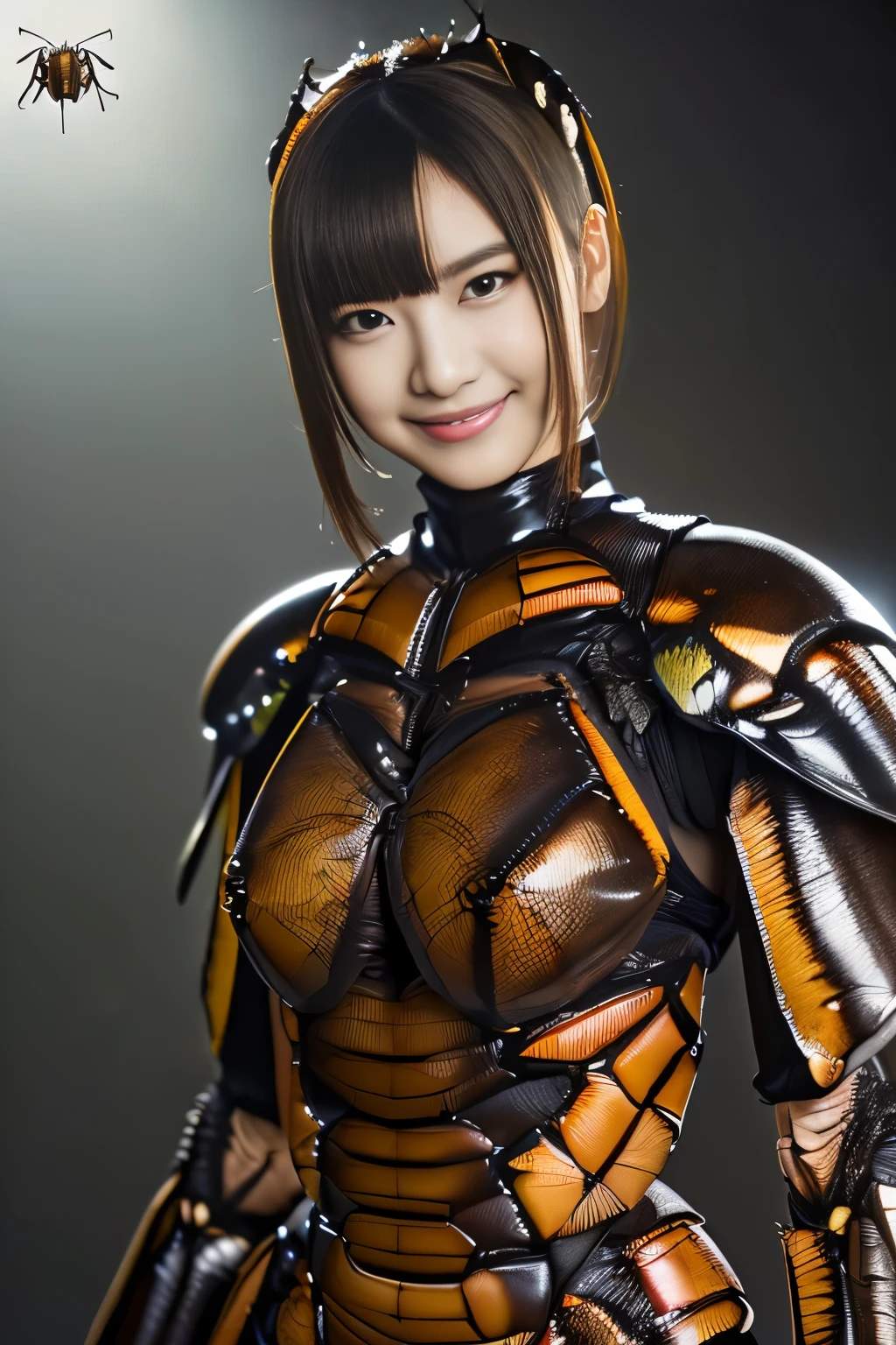 (High resolution,masterpiece,highest quality,Very detailed CG, anime, official art:1.4), realistic, photograph, amazing detail, all complicated, luster and luster,great many layers, 8k wallpaper, 3D, sketch, cute, figure,( alone:1.4), perfect female proportions,villain&#39;s daughter, (Fusion of dark brown cockroach and lady:1.4), (brown cockroach form lady:1.2), (brown cockroach woman:1.2), (Fusion:1.2), (alone:1.4), (evil smile:1.2), muscular, abs, (Cockroach brown exoskeleton bio insect suit:1.4), (Cockroach brown exoskeleton bio insect armor:1.2), (brown transparent cockroach feathers:1.4), (brown cockroach antenna:1.3)