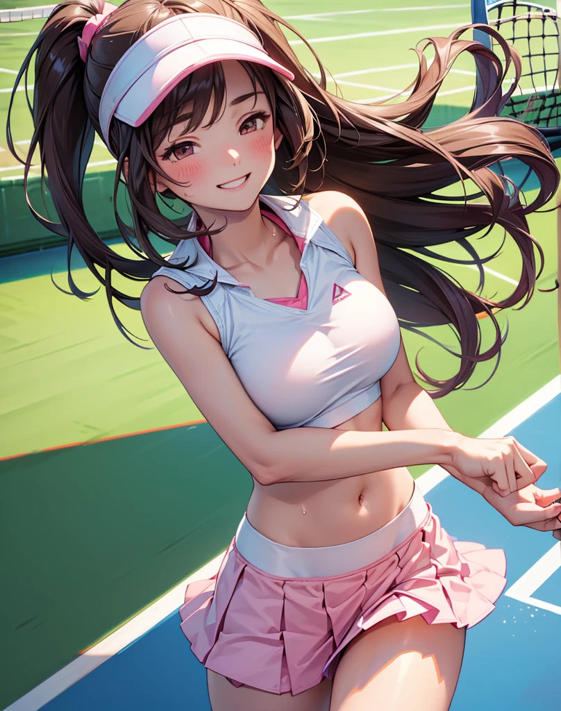 (masterpiece、highest quality、highest quality、Official Art、Beautiful and beautiful:1.2)、(One girl:1.3)Hatsune Miku、Twin tails,Big Breasts,(highest quality、In 8K、32k、masterpiece、Hmph、超A high resolution、Impressionism、Photorealistic:1.2)、Recall、whole body, Tennis court、Beautiful Face、Blurred Background、18 year old beautiful girl、Glowing Skin、Twin tails、Beautiful brown hair、Grey Eyes、Tie your hair in a big red ribbon、Tennis uniform、Raise your arms、Laughing with your mouth open、curve、Holding a racket、Dynamic pose、White panties、