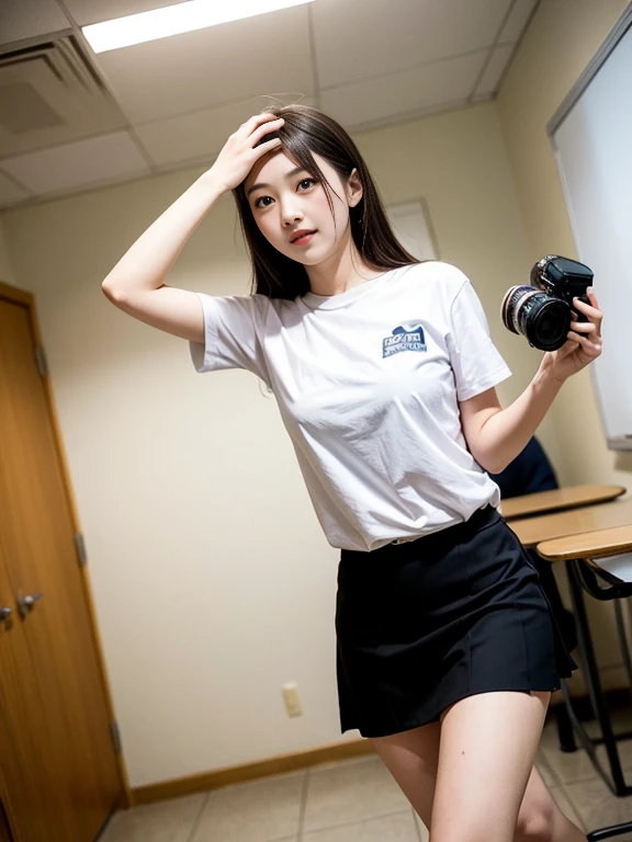 Top quality, full body profile, Golden Ratio, (Theater lighting: 0.7), Masterpiece, Angle of View, Beautiful Smile, (Tanned skin, Charming 18 years) (AdreaLee) Looking straight, mysteriously happy, sitting on a mattress, curved body (wearing Japanese school uniform). Long straight brown hair, tangle sunset, full body image, perfect face, breathtaking eyes, vivid detail (highly detailed skin). Accent lighting depth of field, old camera, conscious, digital beads, black plaid skirt, fine skin, skinny,
