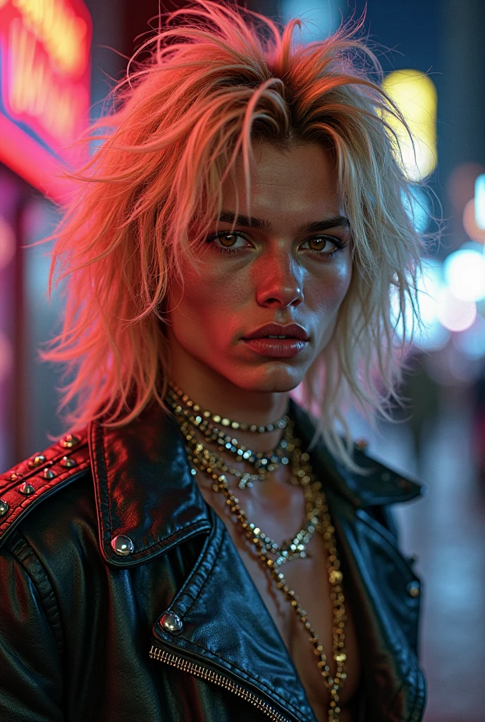 ((1980s cyberpunk Film still)), of a (beautiful [Woman|Cyborg] with cyberwear standing in a dark alley of a cyberpunk city street), perfect face, augmentations, mechanical limbs, [chrome], wearing A cyberpunk miniskirt with a leather jacket and thigh-high boots, athletic body, large breasts, [wide hips], cinematic lighting, moody atmosphere, dystopian, sharp shadows, film grain, photographed on a Canon AE-1, 35mm, with (Kodak Vision3 500T color negative film), cinematic contrast, outdoors, Cyberpunk city, at noon, medium close up, dramatic, blade runner still frame, erotica, in lomostyle