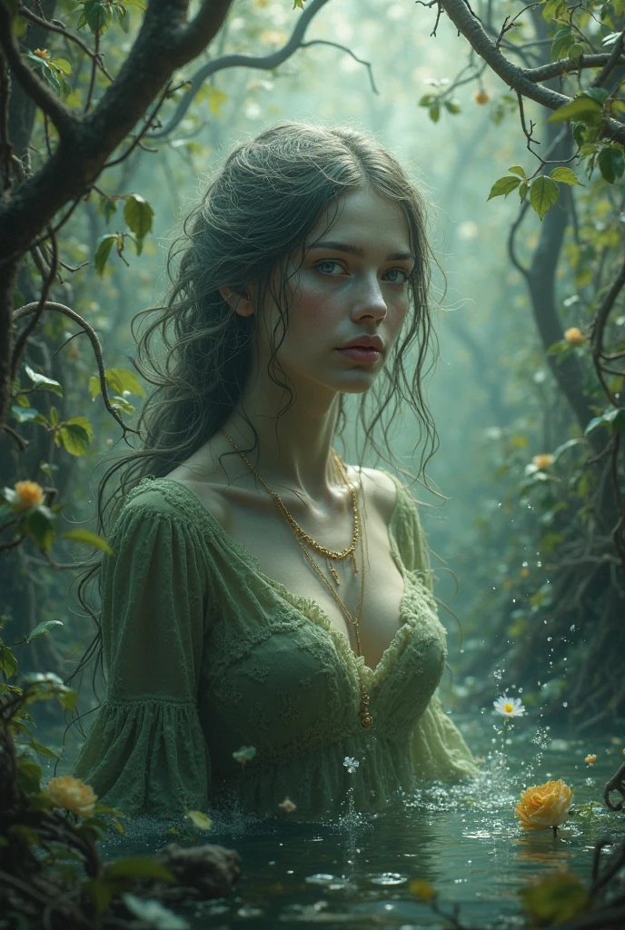 zrpgstyle, from_side from_below beautiful scary woman made of water (sadness expression:1.2) woman with (long water hair:1.2) rising out of the water moss smoke vines churning water fireflies midnight moonlight backlight (masterpiece:1.2) (best quality) (detailed) (intricate) (8k) (HDR) (wallpaper) (cinematic lighting) (sharp focus)