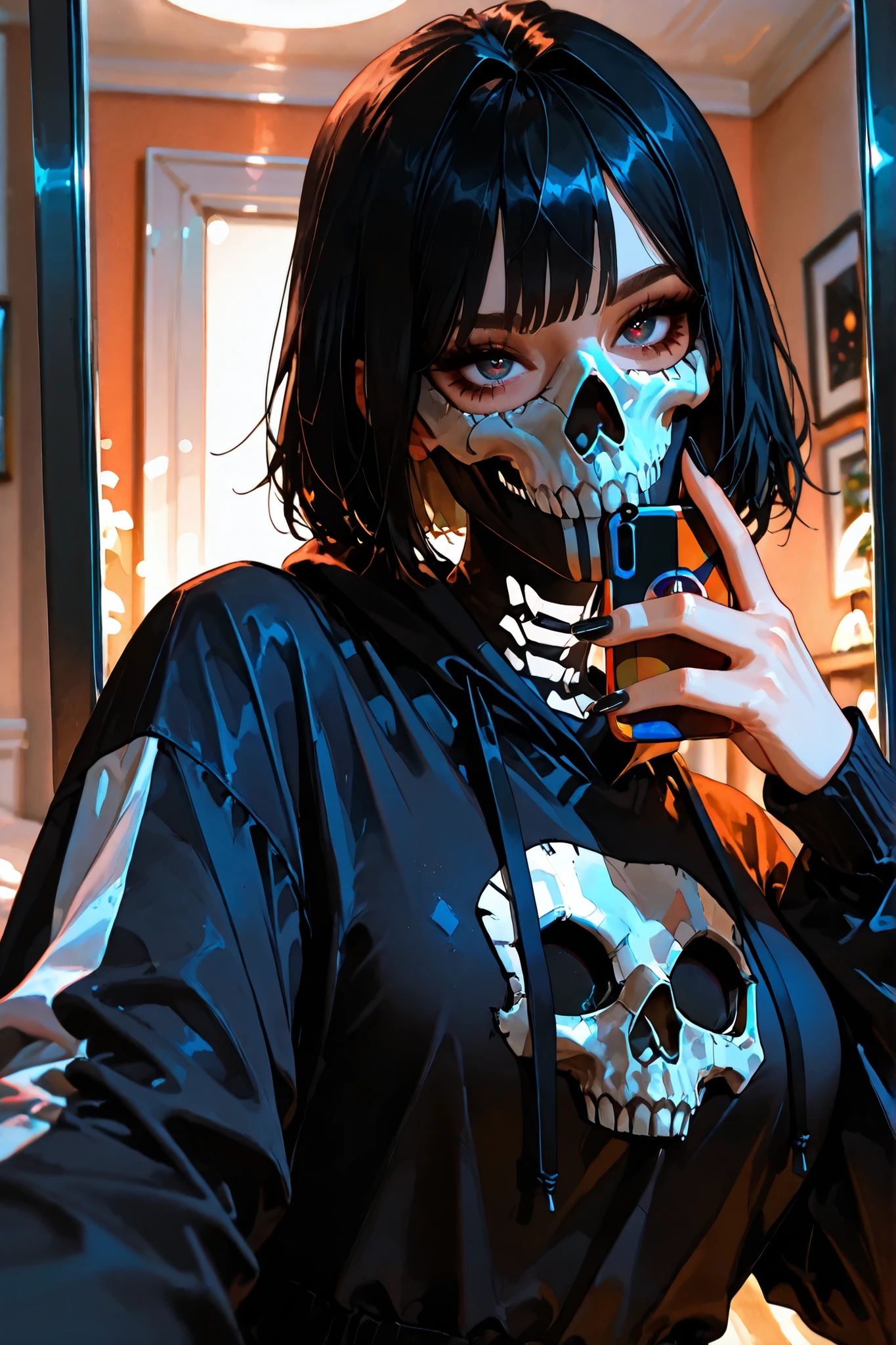 (SuperQuality:1.0) ~ (SuperQuality:1.2), detailxl, girl, Solo, High Resolution, Best Quality, High Details, Super Detailed, indoors, (simon_riley), ((skull_mask)), skeleton costume, large breasts, short hair, black hair, long nails, black nails, beautiful eyes, looking at viewer, selfie, ((mirror view)), Halloween,