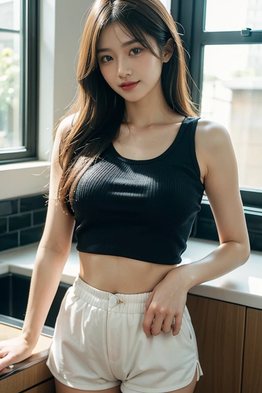 Open shirt, (((Leaning forward))), ((,Round face, Around 17 years old,mini skirt、A loose-fitting tank top)),  Long Hair, , Natural Makeup, Lips become thicker, Sexy Gaze, barefoot, ((Raise one leg)),  Shooting from below,Gentle expression ,((Extremely precise and accurate anatomy)),  (masterpiece:1.43), Perfect proportions, Realistic photos, Full Shot, whole body, 