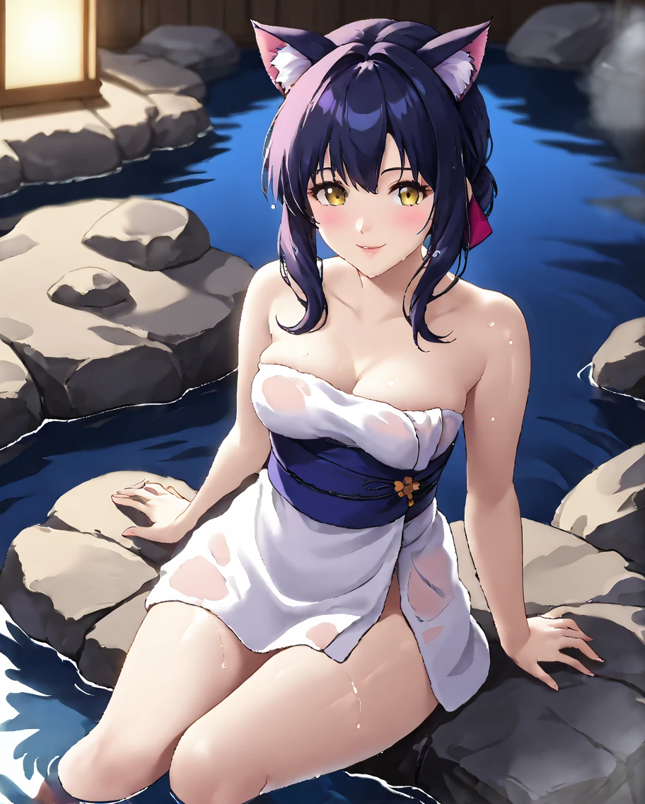 Create an ultra-detailed, warm wide-angle portrait in the Japanese retro anime style of the 80s and 90s, with a film grain effect and retro wave violet theme. The scene depicts a stunning woman with dark violet eyes, relaxing in a traditional Japanese onsen. She has a curvy figure with detailed light reflections and water droplets. Her body is mostly submerged in the water, with steam and natural rock formations providing modest cover. She leans back against a rock, her head resting on a rolled towel. The background shows a beautifully decorated onsen with natural hot springs and a serene garden, creating a peaceful atmosphere.