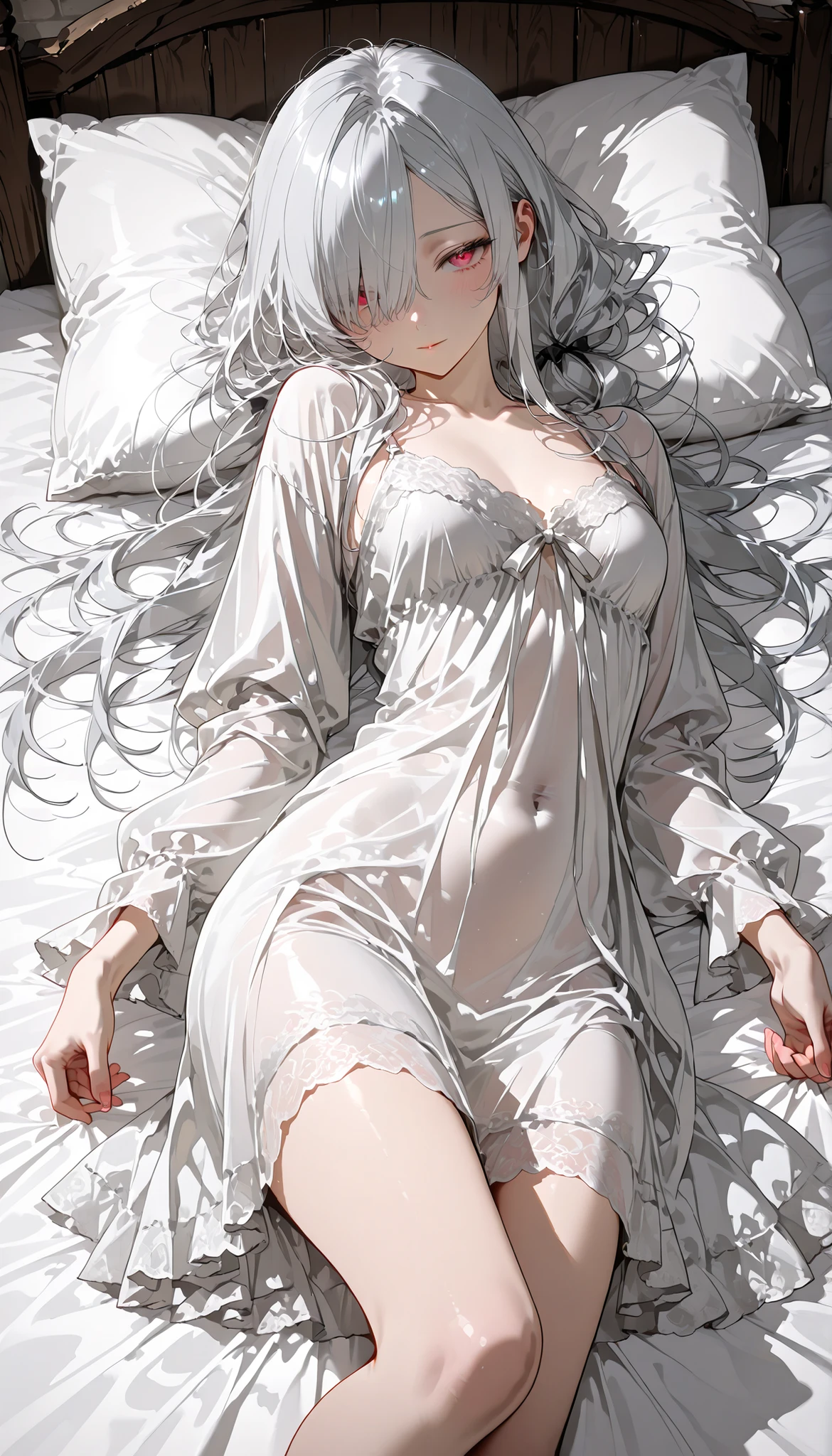 Woman White hair Golden eyes White skin White clothes Bed Bedroom Side braids Legs open with hands up High quality Masterpiece