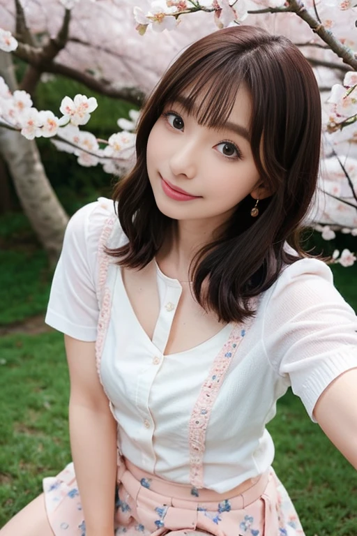 masterpiece, best quality, illustration, ultra-detailed, finely detailed, high resolution, 8K wallpaper, perfect dynamic composition, beautiful detailed eyes, summer blouse setup clothes, medium hair, small breasts, natural color lips, bold sexy poses, smile, Harajuku, 18 years old girl, cute, sexy shot, looking at camera