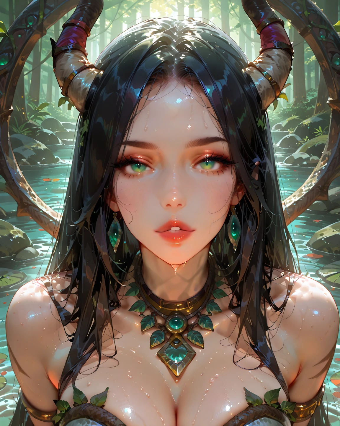 A brunette in a tiefling bikini on a lake, Realistic, Muitos detalhes, Tema Fantasia Medieval, cabelos longos com franja, 25 anos, corpo inteiro, rosto da princesa, corpo definido, Realismo, Cinematic lighting, de cima, super detalhe