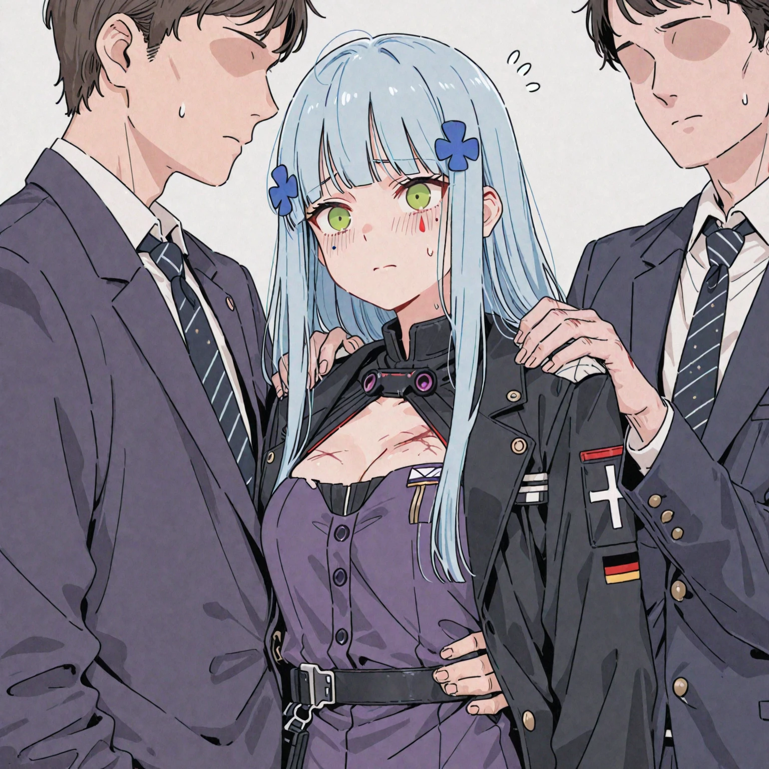 Two 12-year-old female officers、Flat Chest、Nipples、pubic hair、Torn military uniform、Orgy with soldiers、Tears of frustration、Main Street、Glare、Angry expression