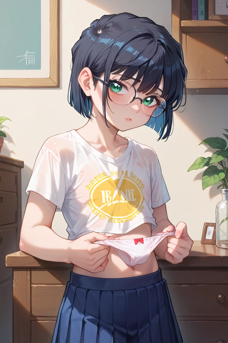 Purple hair, gray eyes, white , navy blue miniskirt, , short, short long hair, kind expression, shy, backpack, almost no breasts, slightly exposed. hair,(flipped hair ), flipped hair, long sleeves, ahoge, girl alone, flipped hair, flipped hair, flipped hair, flipped hair, glasses with no edges, embarrassed, her bra is visible