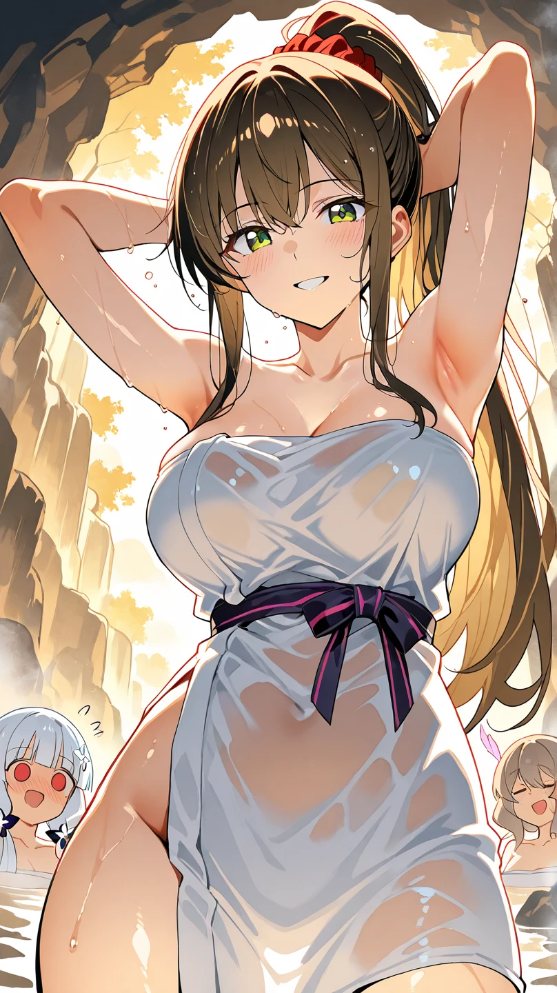 Kyoto Animation,highest quality, (masterpiece:1.2), very detailed, 1 girl, alone, Sento Isuzu,brown hair, long hair, brown eyes, clavicle,inner,belly button,shorts, stylish pose,looking at the viewer,in the center of the image, (beautiful_big breasts:1.3), (beautiful_face:1.4),(beautiful_thighs:1.1),