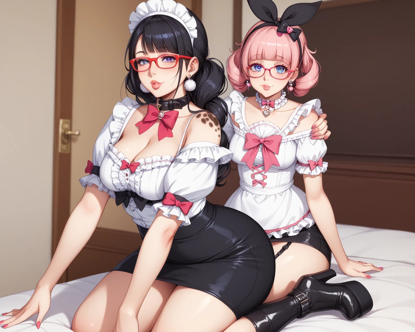 (8k,Super details,best masterpiece,nature,perfect work of art,perfect female figure),two women,sister and sister,sisters,Rainbow hair,perfect face,(huge),Neighbor's Wife,woman hairstyle,elegant wife,mature and exposed,20 years old,fair skin,messy hair,Perfect sexy body,Wear a fitted and sexy tunic dress,Strapless strapless short dress,Hot and sexy secretary,wear glasses,Standing in a spacious conference room,Papers scattered on the ground,Detail background,necklace,perfect eyes,, T-shaped small size,huge的山雀