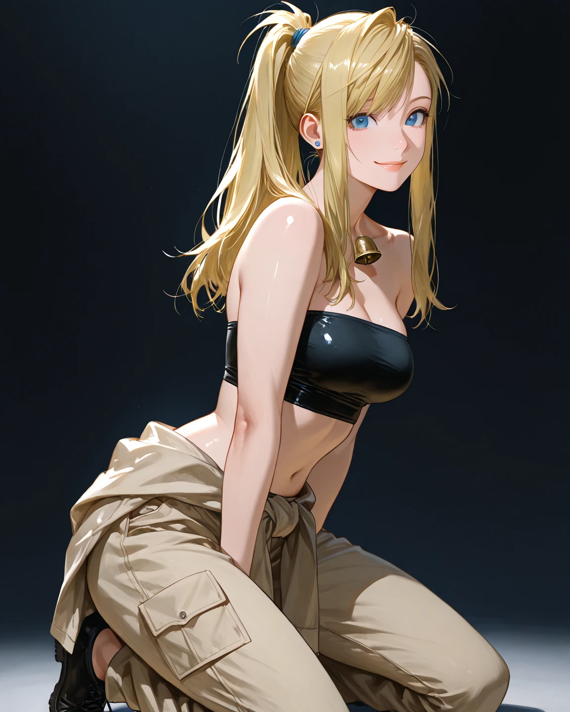 1 girl, 20 years old, long yellow hair, torn black shirt, black shorts, showing navel, green eyes, market