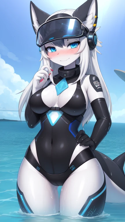 ((best quality, Masterpiece, perfect anatomy, Detailed pictures)), 1 female, arctic protogen, shark girl, Long visor, blue visor, blue eyes, sexy body, Big Pong, Bust 82, Waist 56, Thigh 83, Futuristic military black bikini clothing, Shark tail, The body is sexually aroused., wet, blushing, red red, shy, in the sea, front view