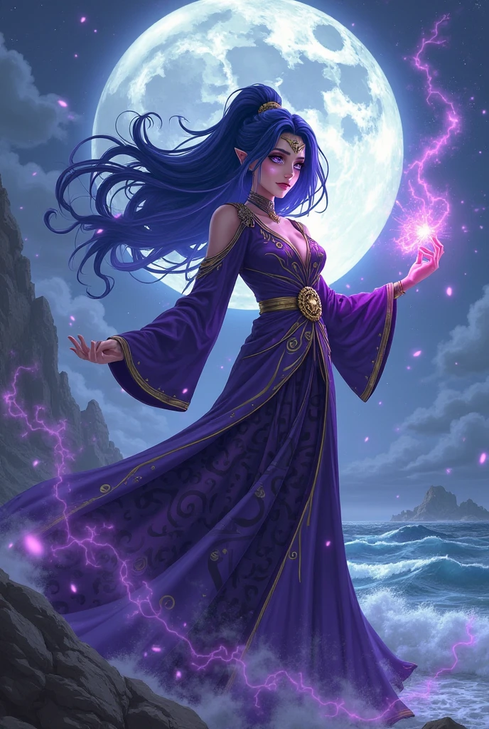  The image is a digital artwork of a fantasy warrior with long black hair, dressed in a purple and gold outfit, holding a green staff with a blue flower, standing on a wave with a purple and gold background.
