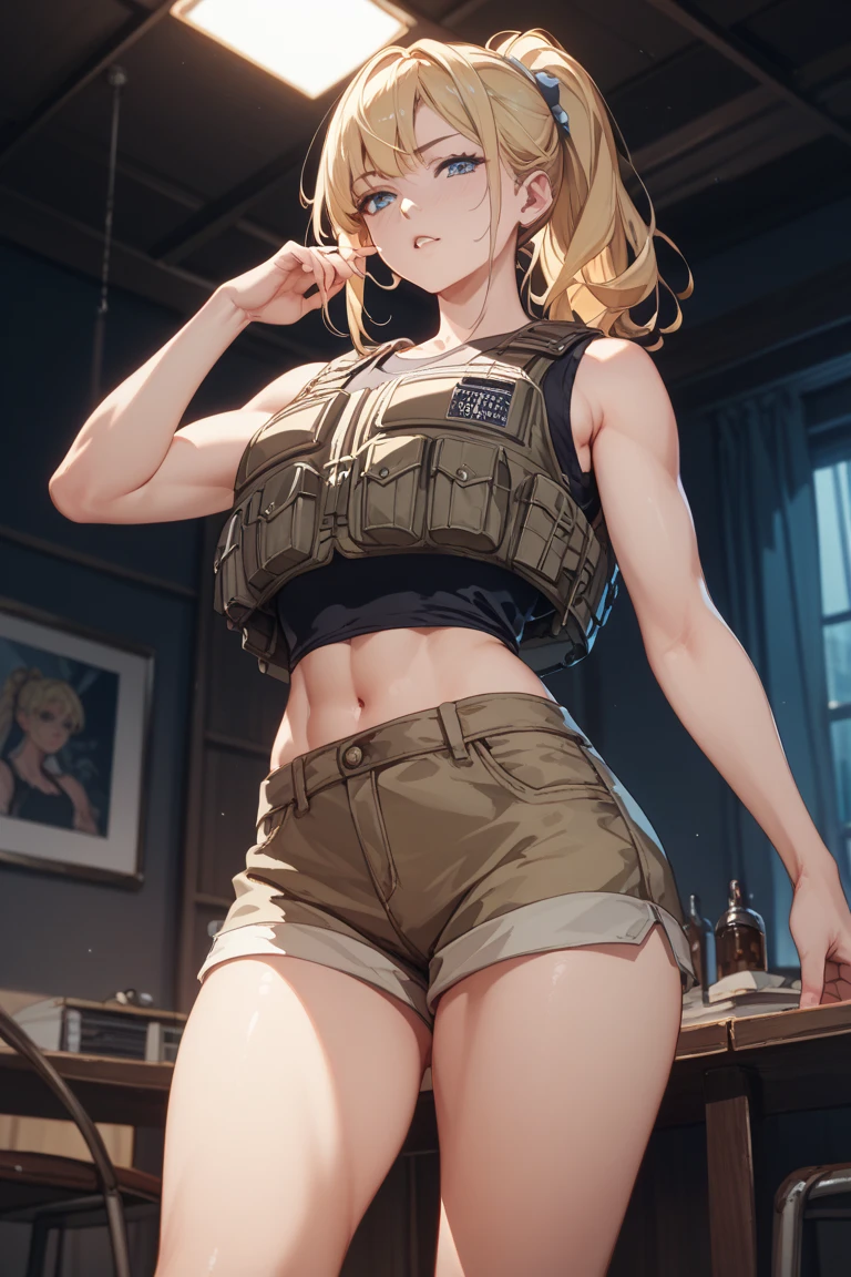 1girl, Cammy, street fighter,shirt,shorts,room,masterpiece, best quality, absurdres,
