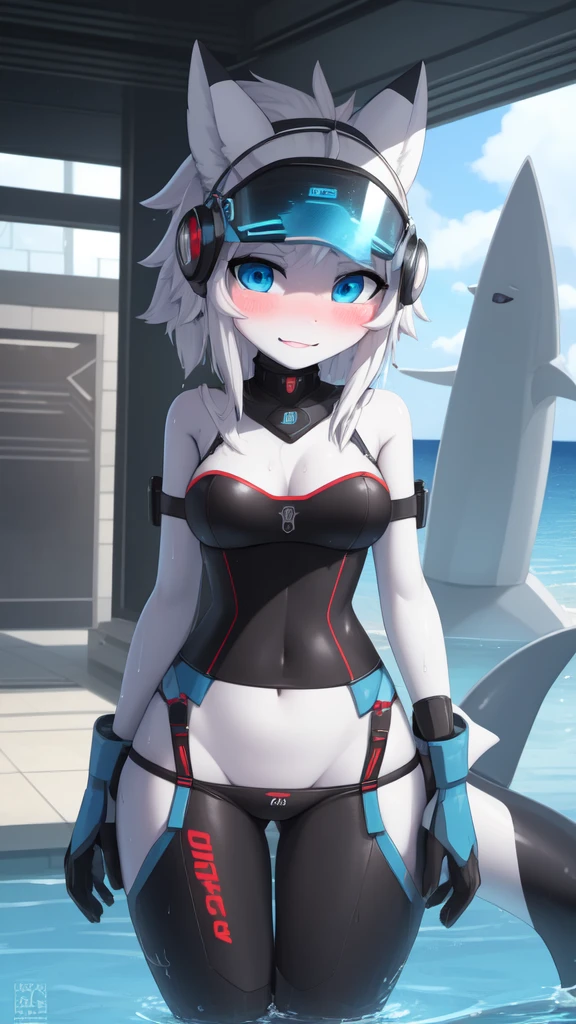 ((best quality, Masterpiece, perfect anatomy, Detailed pictures)), 1 female, arctic protogen, shark girl, Long visor, blue visor, blue eyes, sexy body, Big Pong, big breasts, Futuristic military black bikini clothing, Shark tail, The body is sexually aroused., Wet, blushing face, red red, shy, in the sea, front view