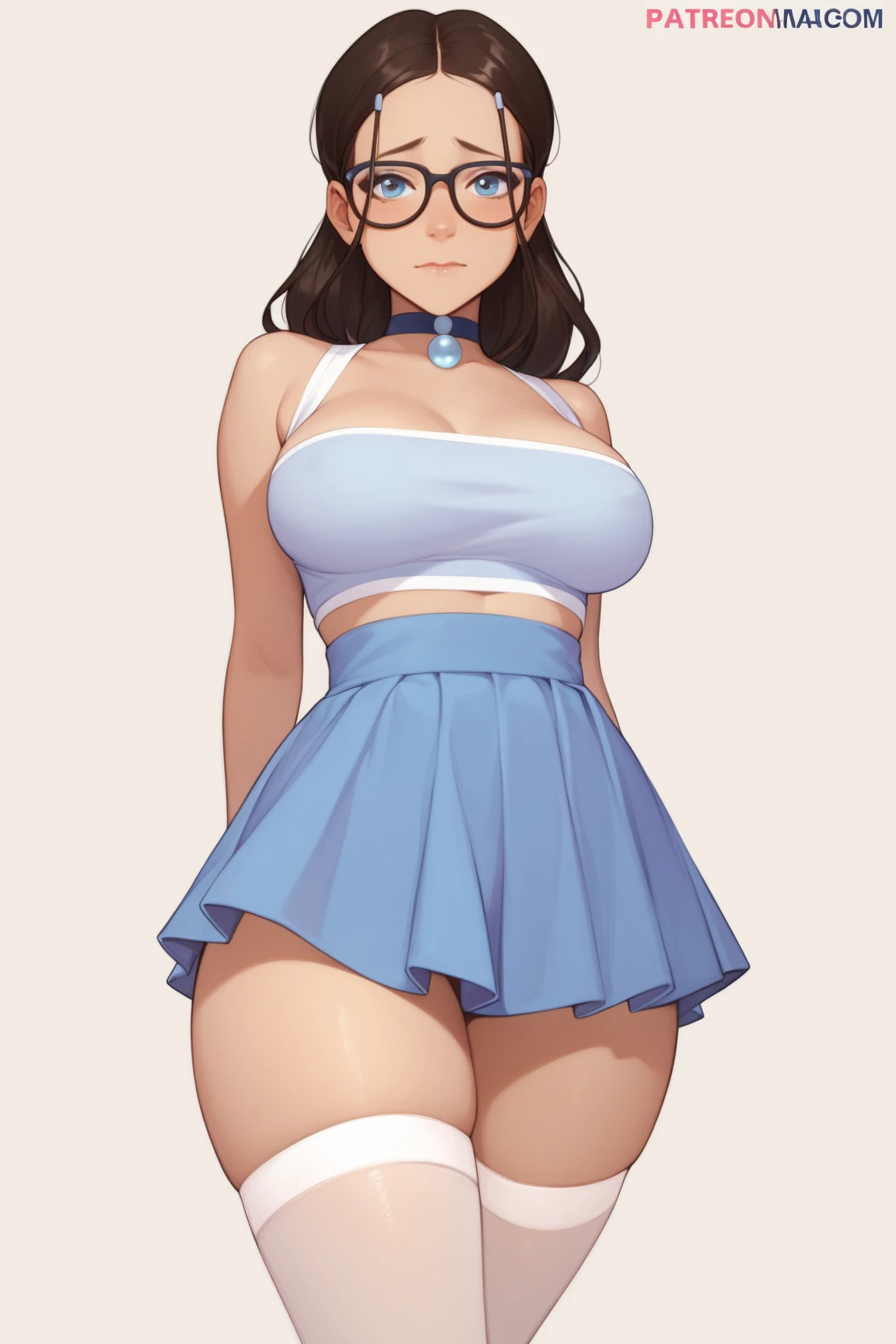 1girl, solo, mature female, milf, motherly, older female, dark-skinned female, dark skin, gyaru, wavy hair, short hair, blue hair, blue eyes, swept bangs, large breasts, blue dress, strapless dress, tube dress, blue high heels, smile, standing, hands on hips, looking at viewer, outdoors