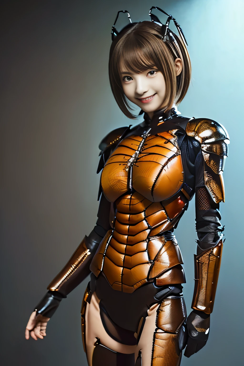 (high resolution,masterpiece,best quality,extremely detailed CG, anime, official art:1.4), realistic, photo, amazing fine details, all intricate, gloss and shiny,awesome many layers, 8k wall paper, 3d, sketch, kawaii, illustration,( solo:1.4), perfect female proportion,villainess, (fusion of dark brown cockroach and lady:1.4), (brown cockroach form lady:1.2), (brown cockroach lady:1.2), (fusion:1.2), (solo:1.4), (evil smile:1.2), muscular, abs, (cockroach brown exoskeleton bio insect suit:1.4), (cockroach brown exoskeleton bio insect armor:1.2), (brown transparency cockroach wing:1.4), (brown cockroach antennae:1.3),