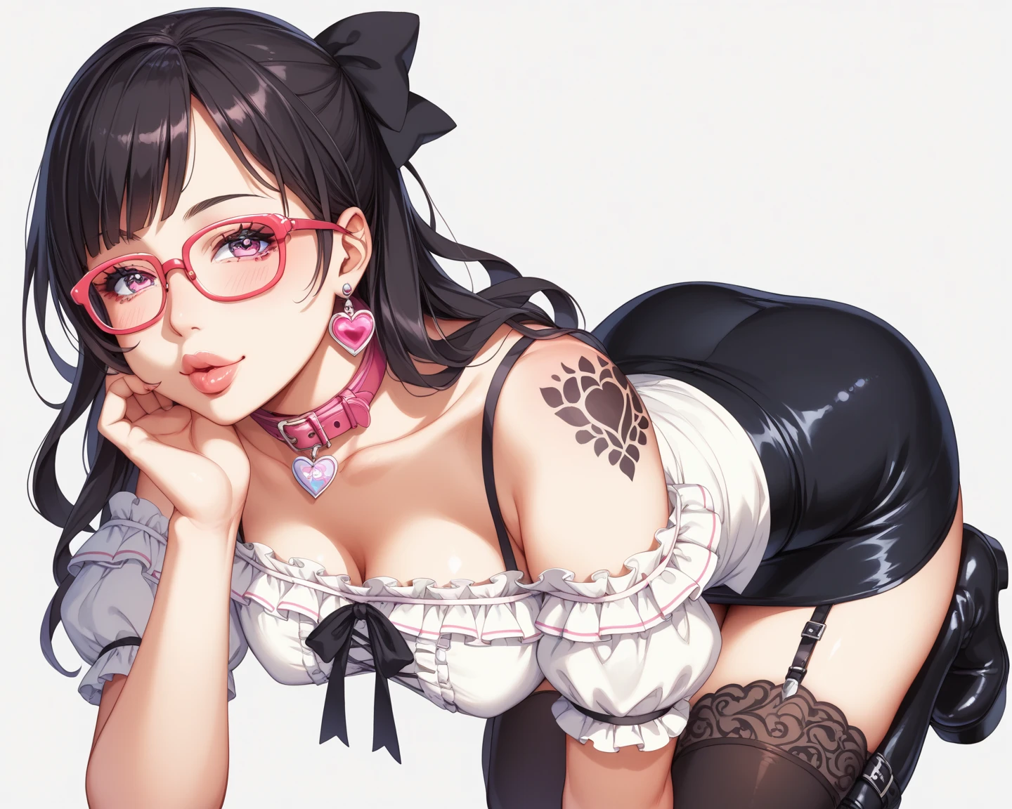 Una chica bonita y elegante, of 18 years, Pelo largo hasta las rodillas, pelo negro, ojos celestes, con lentes redondos, labios rojos, tetas grandes, , con camiceta, con falda roja y lineas negras, medias altas , con zapatos de varon botines.