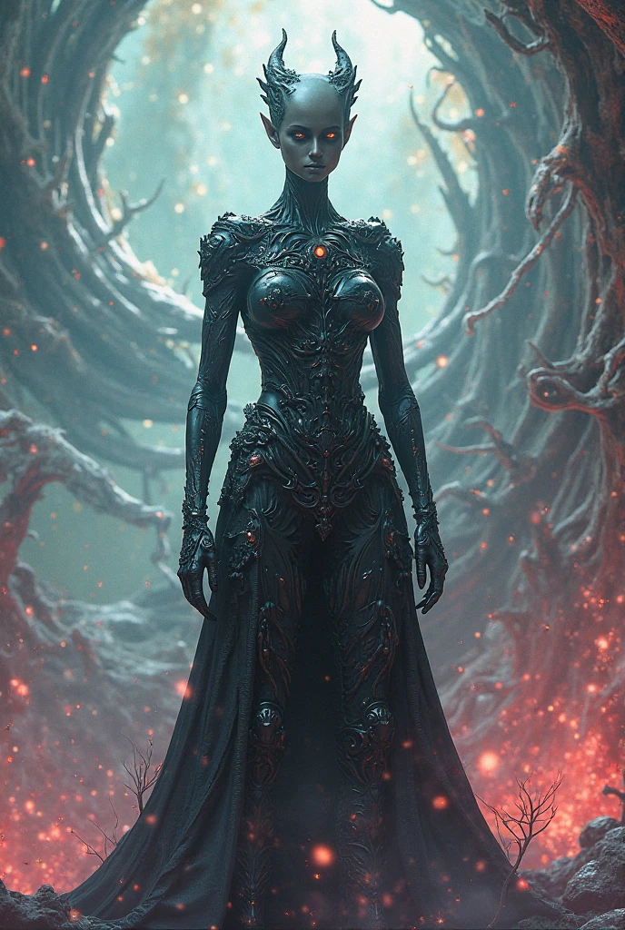 A huge deep abyss made of black stone, incandescent magma, phosphorescent radioactive mineral, it ends in the bottom with a living organic obscurity, abysssanctum, procreation of the wicked, synthetic grotesque,highly detailed, 4k resolution, masterpiece, 3d modelling,digital art, Da Vinci art