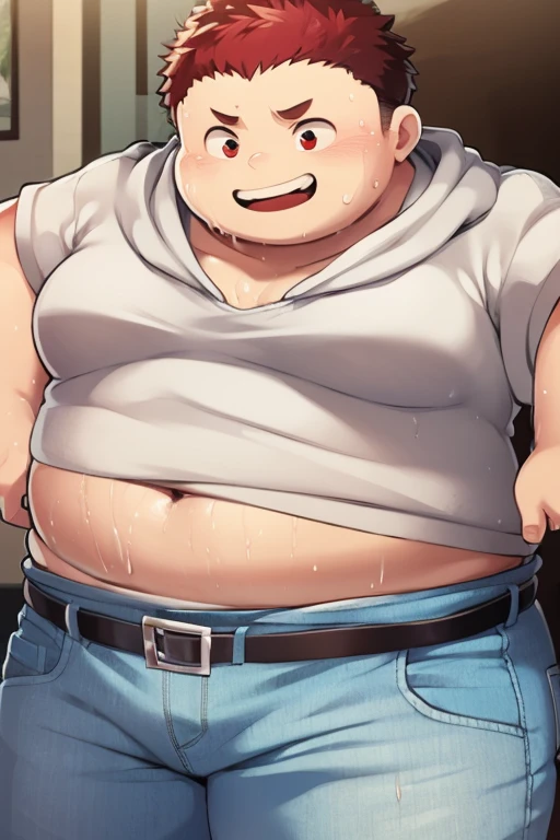 beautiful, chubby, (very short hair), (pudgy face), (naughty) (high school students), (handsome), thick, overweight, beefy, (nipples), (cute), (little brat), (naughty brat), (へそ), ぽっちゃりした体, big belly, 汗ばんだ体, (臭そうな体), (fullbody)
