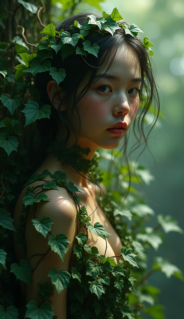 A naked woman, trapped in a tree, her body enveloped in leafy vines flowers, covered in moss, waving at the camera, entangled in vine roots, leaf-covered roots, beautiful woman, big breasts, sensual body, big breasts, short wavy hair, beautiful Asian woman, jav idol actress, fog, night, on top of a mountain, with front shooting angle, very realistic, (complex detail: 0. 9), (hdr, hyperdetail: 1.2), RAW, Sony Alpha a9 II, 24-105mm f/4, HDR,