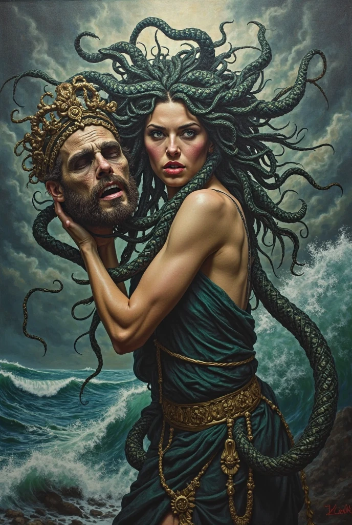 (extremadamente detallado, obra maestra, La mejor calidad, Under the Ocean), Estilo oscuro, volumetric illumination. armadura medieval, rostro con arrugas, lengua larga, tentacle, deforme, imagen submarina vista desde el exterior, pico de pulpo amenazante. manchas de tinta. Rococo composition. Luz de caravaggio