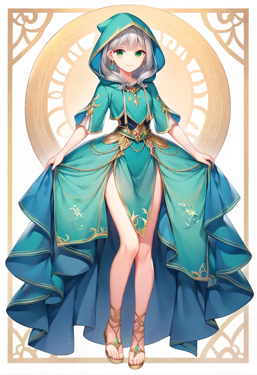 ((best quality)), a pretty girl with elf ear standing full head to toe dress in cute magic short dress long brunette hair decoleter with sexy pantyhose with magic cute heel shoe