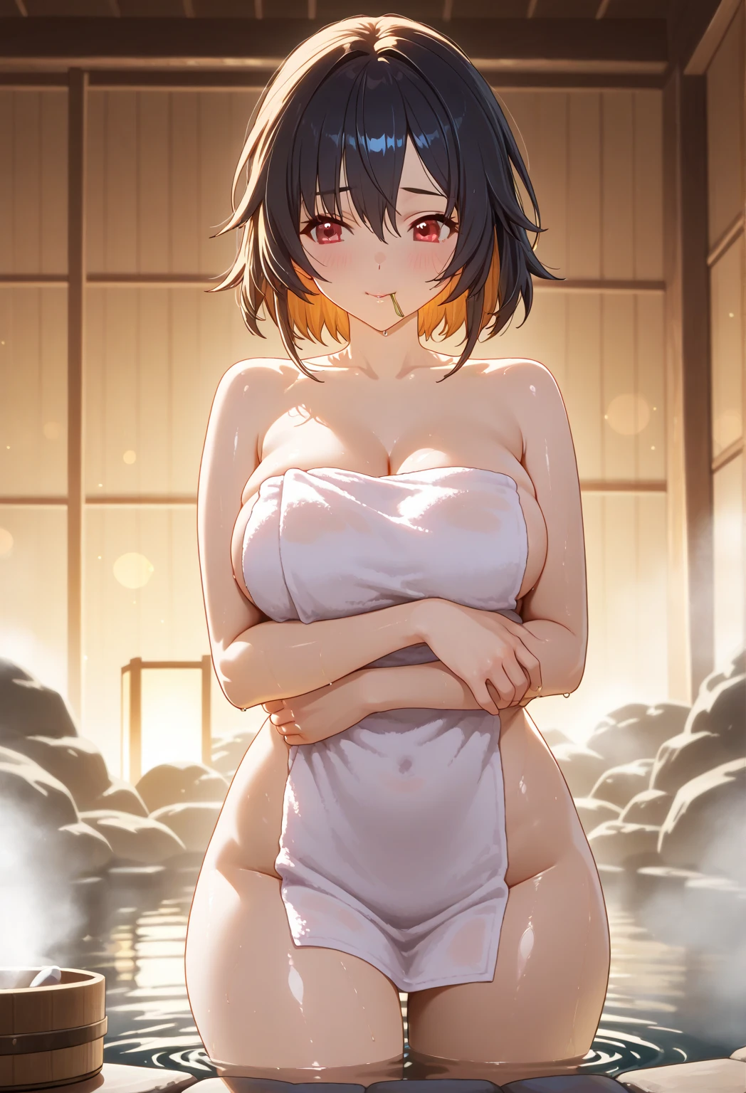 kirisaki kyouko, , bob cut, short hair, black hair, purple eyes, (nsfw, nude, naked, 1girl, solo, large breasts) , nipple, cooking,, flooding, Abandoned amusement park. fire. heavy snowfall, frozen, file, crying, whole body, snow, Lightning