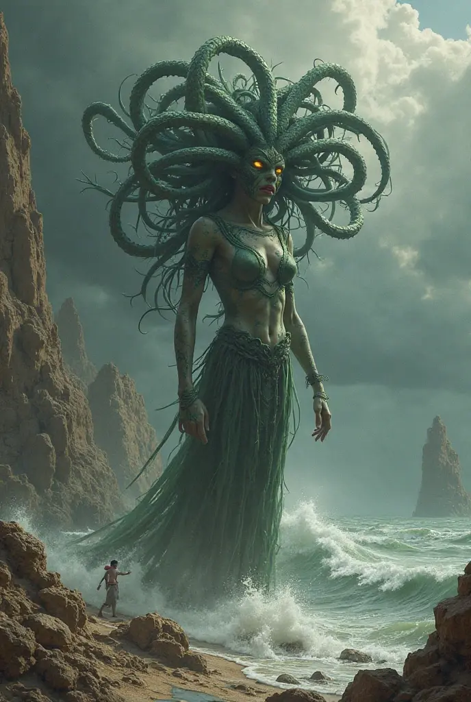 Physiotherapy logo of the Greek character Medusa from head to waist,wearing a greek outfit,with snake head with snake face,gaseous green skin color,holding a golden ray in his hand,a golden round border, written the word Gorgons 