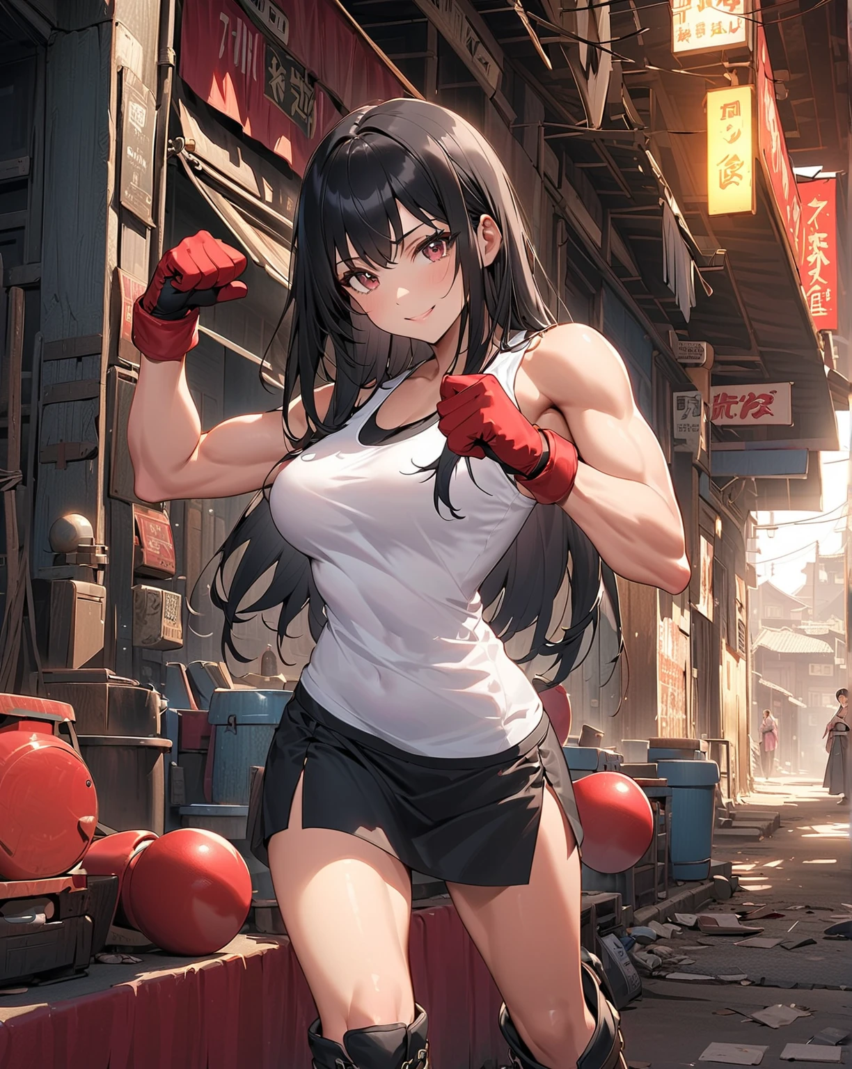((masterpiece,Highest quality:1.3,best quality illustration)),realistic,cowboy shot,独奏,1woman,18 year old beauty,black hair,long hair,bangs,black eyes,gorgeous big eyes,((very small head:1.3)),blush,((very long body:1.2,skinny)),medium breasts,White tube top shirt、navel、(Black pleated mini skirt),Brown leather fingerless gloves、sweat,in heat,gleaming skin,toned body,slender body、Martial arts stance,standing,Martial Arts Matches、amphitheater、