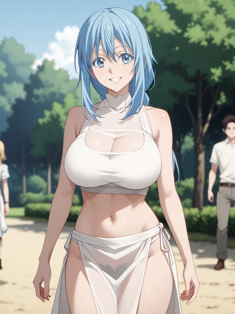 masterpiece, High resolution, anime.alone,Adult female, 8k, detailed, Perfect Face, highest quality, (super high quality),(Jujutsu Kaisen Art Style), (Lying on the ground), (close ~ eye:1.3), (Open your mouth),clavicle, Bare arms, Big Breasts,(Open your mouth;1.5), Perfect nipples,Cleavage, Blue Hair, Long Hair, dark blue eye, Stomach, Stomach, belly button, (White lace panties), Open white shirt, Open front white shirt, (White color too), in the forest,Perfect body, Upper Body, blush,,Troubled expression, Troubled eyebrows,in the forest,