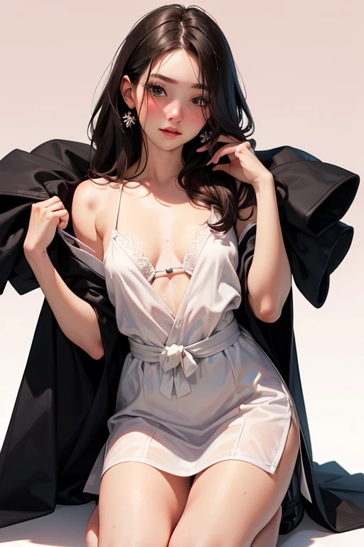 tmasterpiece, High- sharpness, high high quality, 详细的脸, detailed body render, 1girl, 独奏, Fishing net clothing, Dark lips, Unzipped jacket, no brassiere, breasts out,, standing on your feet, Be red in the face, (on bedroom)