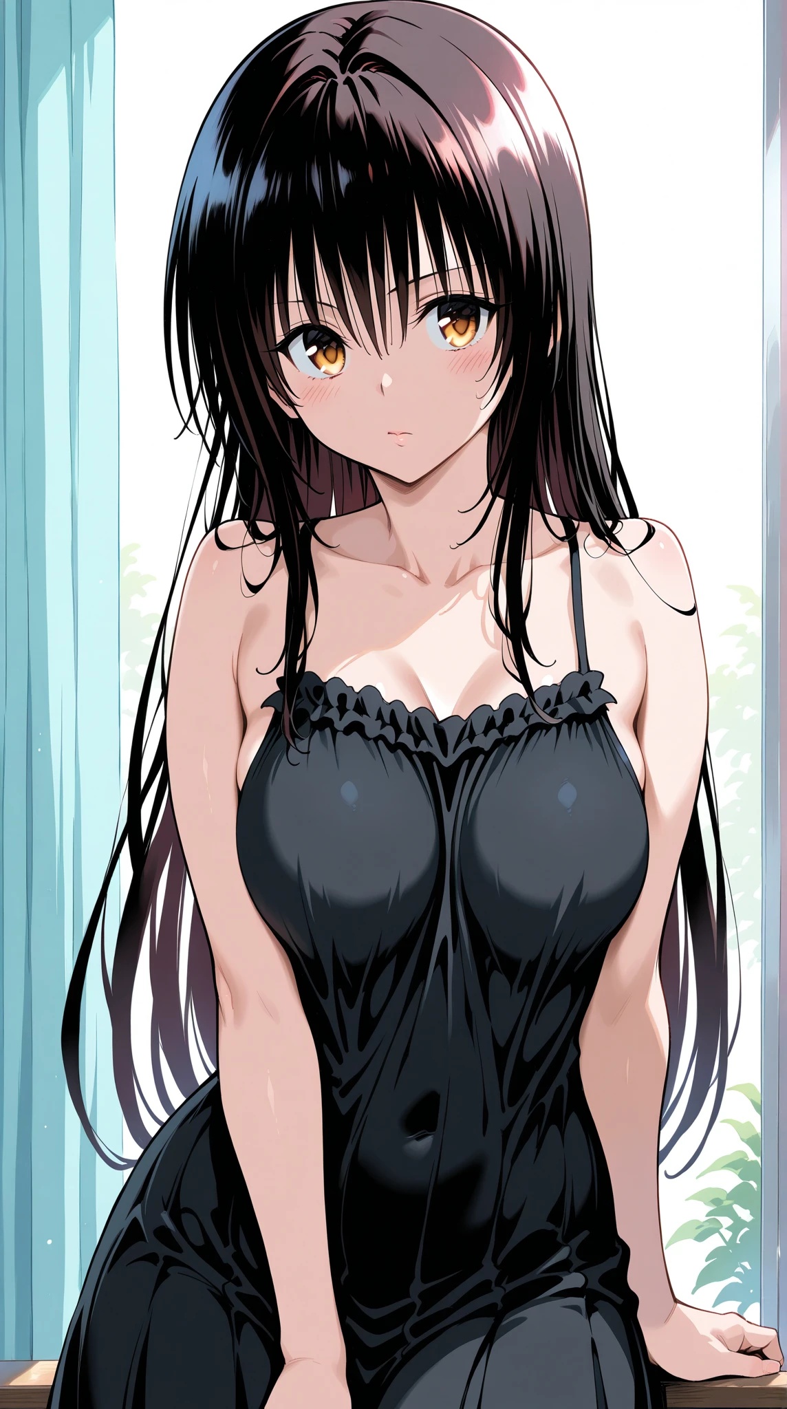 best quality, amazing quality, very aesthetic, absurdres, 1girl, rio (blue archive), blue archive, red eyes, black hair, strapless, (artist official art:1.5), (realistic face), (narrowed eyes), (cowboy shot:2), (concept art:1.5), panties, (thigh), expressive eyes, perfect face, 4k, extremely detailed anime illustration, extremely detailed eyes, enhanced details, perfect anatomy, light rays, photo background, extremely delicate body, smooth skin, feminine expression, (black background:1.5), cristal clear eyes, beautiful face, big breasts
