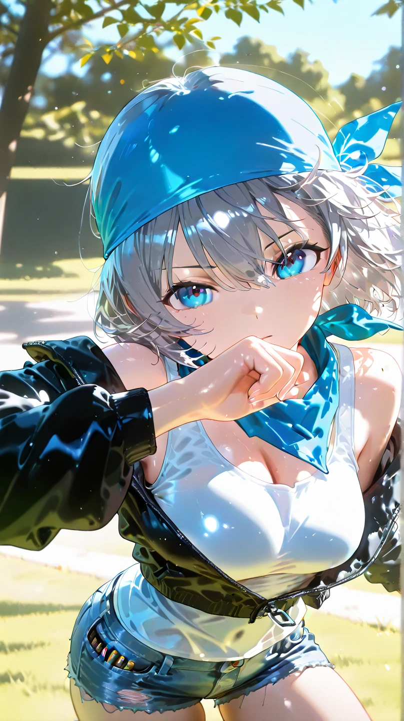 Portrait of a Girl, Grey Hair, Blue Eyes, 鬠红, black jacket, white tank top, denim shorts, blue bandana around the neck、Bullet dance, Natural Light, Outdoors, green background, Sunny, is depicted with precision down to the smallest detail, professional, high quality, 4K, Photographic Realism, HDR, impressive colors, Vivid Feel