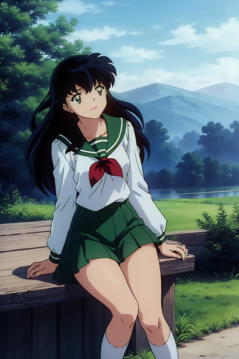 (Masterpiece: 1.6, Best Quality), (Fine Beautiful Eyes: 1.2), (best quality, masterpiece, highres), kagome higurashi, 1girl, solo, green school uniform, soft thighs , long sleeves, white socks, scenery , Best Quality, ((anime)) ((Colored)) HD, ,Sitting, Green skirt, Red scarf, long  hair, Black hair between the eyes, Thighs are soft, school background
