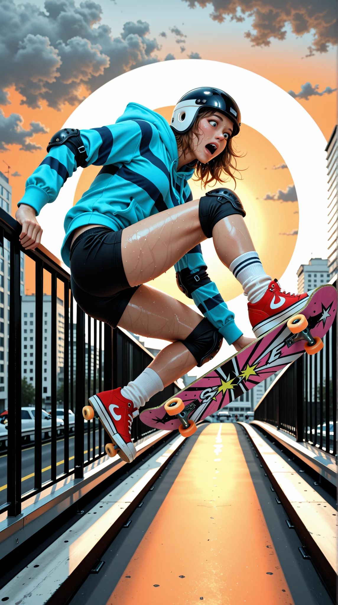 ((masterpiece)), "A conceptual illustration of an 18-year-old girl bimbo in a stylish bikini, striking a confident pose on a skateboard at a vibrant city skate park. The artwork is full of life and motion, blending urban graffiti art and bold, expressive color palettes. The scene captures the essence of youth culture and freedom, with a background of colorful murals and bustling city life. (Vibrant:1.4), (urban style:1.3), (dynamic:1.2), (skateboarding theme:1.3), (illustrative:1.5), (Digital Painting:1.4), (ArtStation trending style), (4K resolution), (Wide-Angle shot)." bimbo