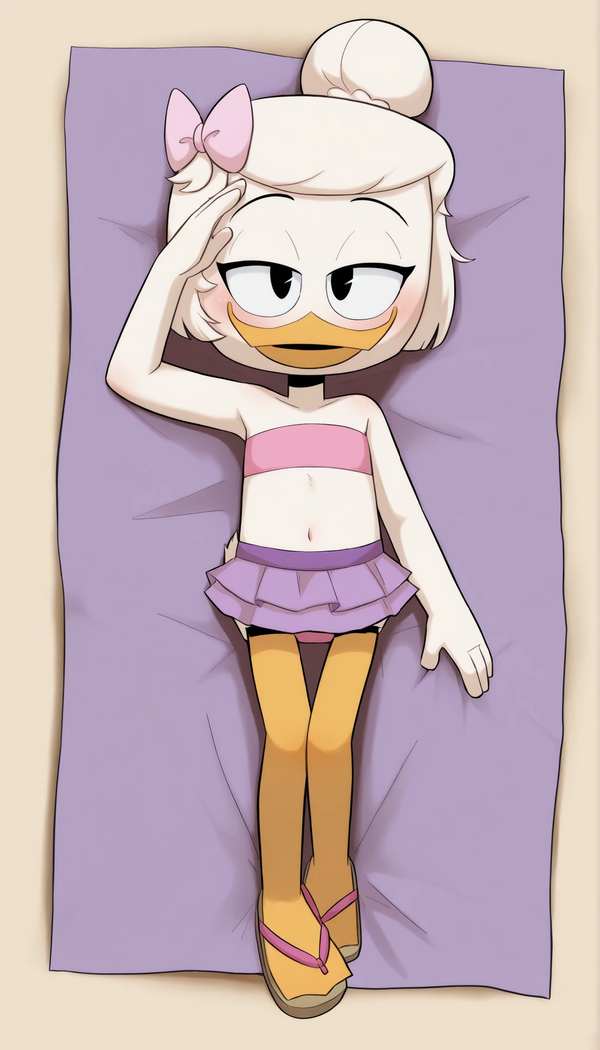 Webby Vanderquack, on bed, White skin, white hair, SCHNABEL, Duck stories, Tail shield, Webbed feet, (orange legs:1.2) shorth hair, naked, breasts, pussy, young,uses condom, Condom in hand, flat breasts