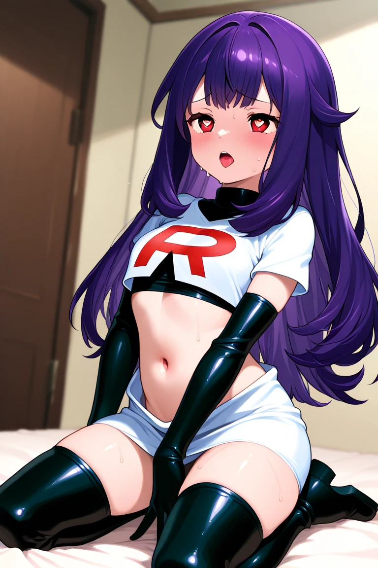 akiratachibana, akira tachibana, long hair, bangs, black hair, (purple eyes:1.1),
BREAK ponytail, team rocket,team rocket uniform,white skirt,red letter R,crop top,black thigh-highs,black elbow gloves
BREAK looking at viewer,
BREAK (masterpiece:1.2), best quality, high resolution, unity 8k wallpaper, (illustration:0.8), (beautiful detailed eyes:1.6), extremely detailed face, perfect lighting, extremely detailed CG, (perfect hands, perfect anatomy),