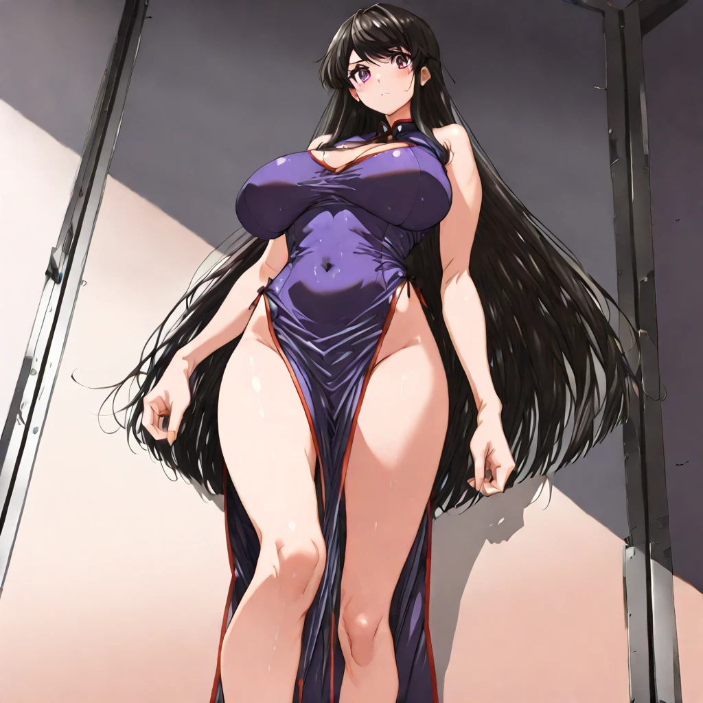 solo, full body, 42-year-old female, chinese, korean, lipstick, black hair, toned, tall, big breasts, (wide hips, thick thighs, athletic waist, small waist, barely visible abs), purple satin minidress, sinuous, hip window, hip cutout, long hair, high quality, highres