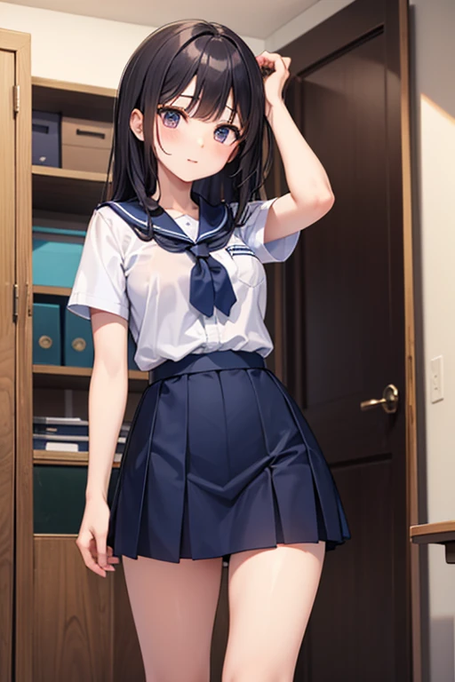 masterpiece,Highest quality,High resolution,shape,Very detailed,8k CG wallpaper,Ray Tracing,(Black Hair:1.1),((Long Hair:1.1)),(Black Eye 1:1.1),Straight hair,Medium Chest,((is 1:1.5)),((Bow 1:1.5)),((White short-sleeved sailor uniform:1.2)),locker room,School Swimsuit