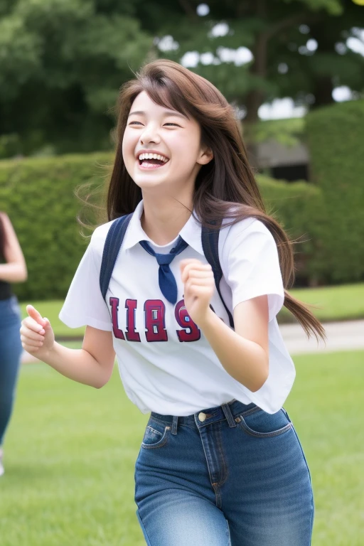 A young, eight-head-tall female character with long hair and a childlike yet mature feel, wearing a realistic sailor uniform that is indistinguishable from the real thing.、Create a scene with a calm expression and a gentle sidelong glance.。The character has long black hair.、In the background, a girl is running down a school corridor with her skirt fluttering.。A 10-second video in which the female character is smiling modestly