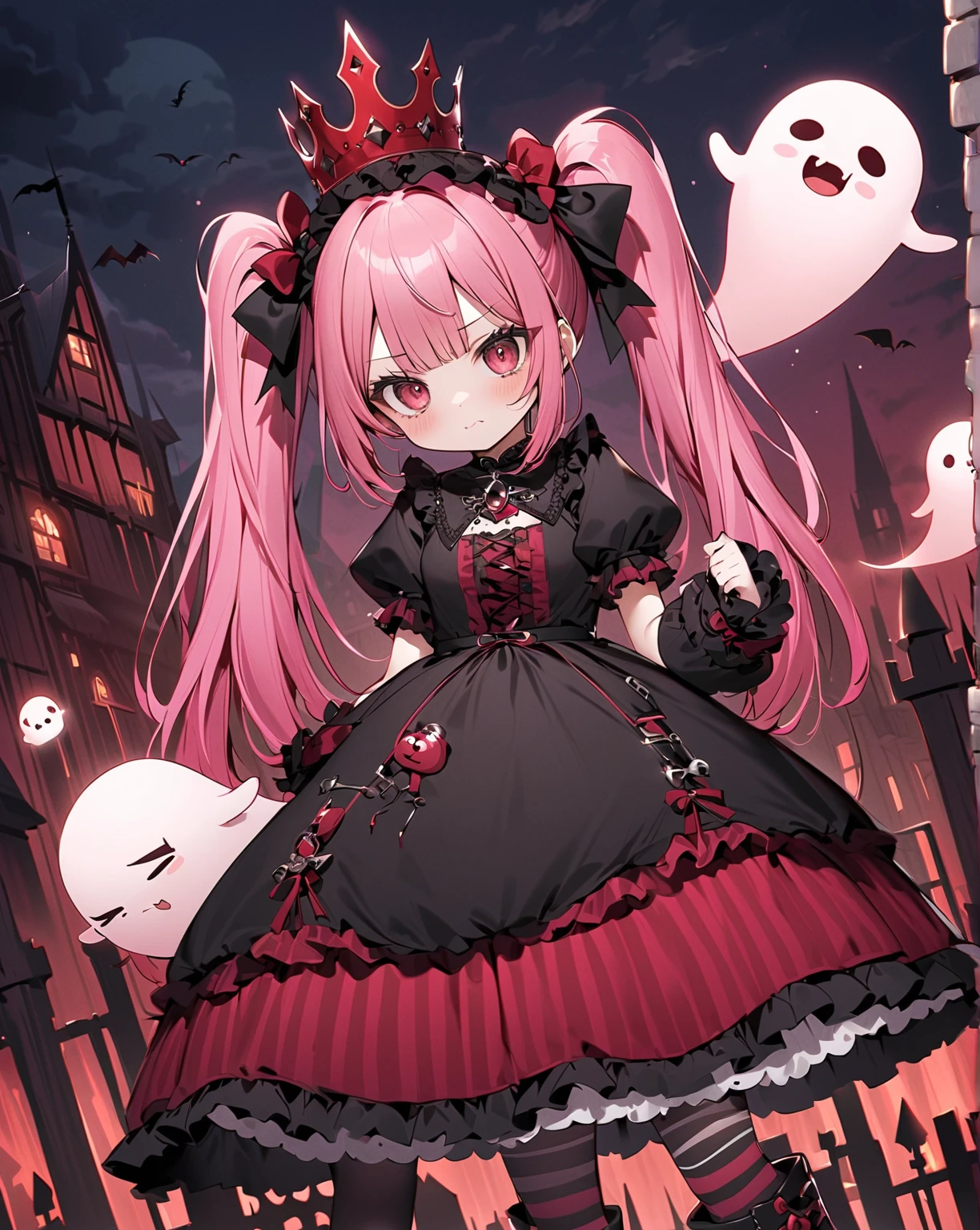 anime、Score 9、Score 8 up、Score 7 up、Score 6 up、（masterpiece、Highest quality）、、Perona、Drill Hair、stripe、crown、dress、skirt、ghost、