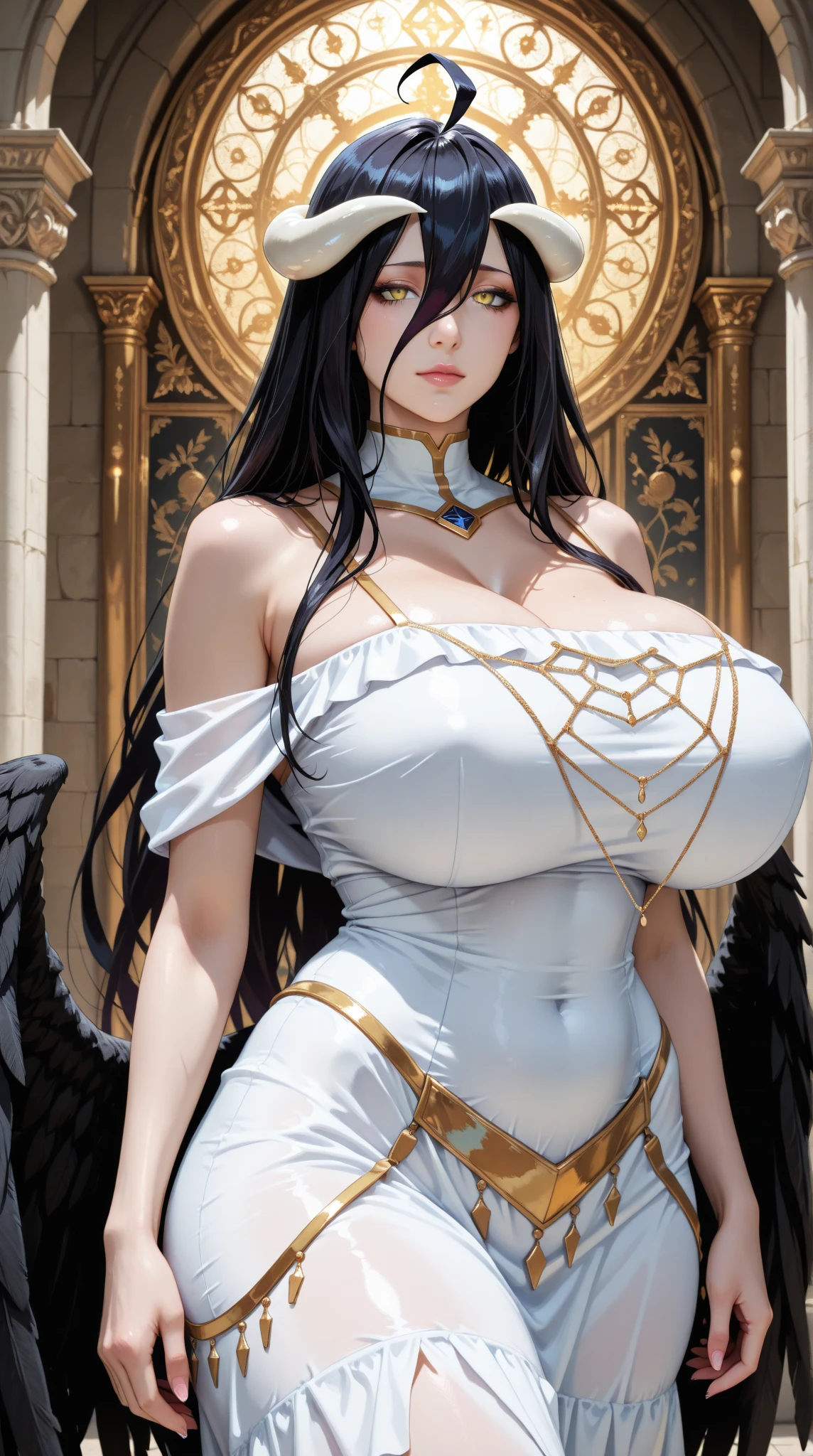 Best quality, masterpiece, ultra high res, raw photo, beautiful and aesthetic,deep shadow, dark theme,(ultra detailed:1.3),
1girl, dynamic pose, Headdress, (beautiful face, detailed eye:1.2), embarrassed, (busty breasts, gigantic breasts:1.1), drill hair, long hair, blonde hair, gradient hair, yellow eyes, solo, big hair, blue hair, divine goddess, looking at viewer, indoors, royal palace, medieval bedroom, astraea, full body, gorgeous embroidery and jeweled extremely gorgeous rococo princess ballgown with voluminous full length hoop skirt,padded and corseted bodice,voluminous frills,See-through,