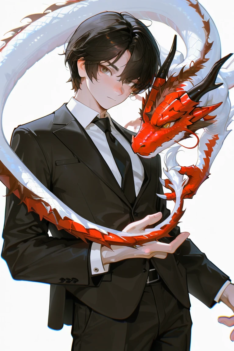 homme anime en costume et cravate avec un dragon en arrière-plan, costume inspiré du dragon, par Yang J., fusion humain et dragon, beau garçon démon japonais, beau mec dans l'art du tueur de démons, portrait épique et classe, tendance sur artstation, par Oliver Sin, tenue cramoisie, costume noir et rouge, fanart exquis très détaillé, beau vampire mâle