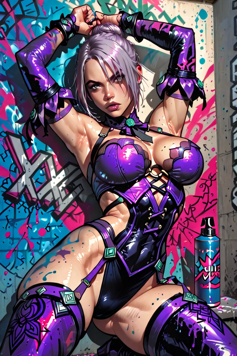 narciso anasui, anasui, pink hair, long hair, purple hat, fishnets, arm cuffs, small brown skirt, thigh high boots, 1boy, male focus, solo, pink lipstick, purple eyes