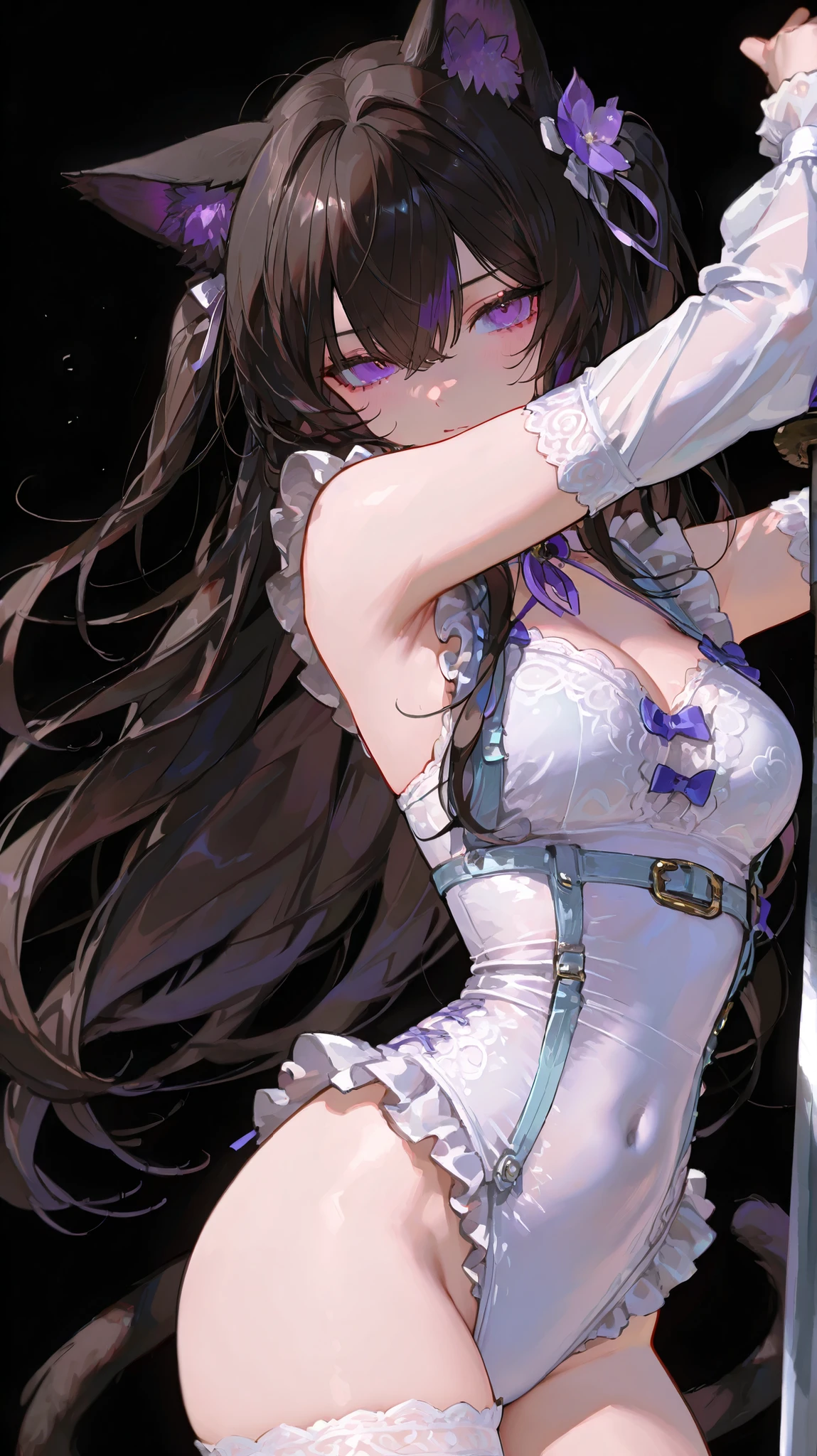 (top-quality、masterpiece、high-level image quality、Super delicate)、((a beauty girl))、(Smooth space style purple gradation hair)、(curly twintails, Long bangs)、(red eyes)、a choker、Moderately large breasts、((pure fairy tale fairy tale princess dress))